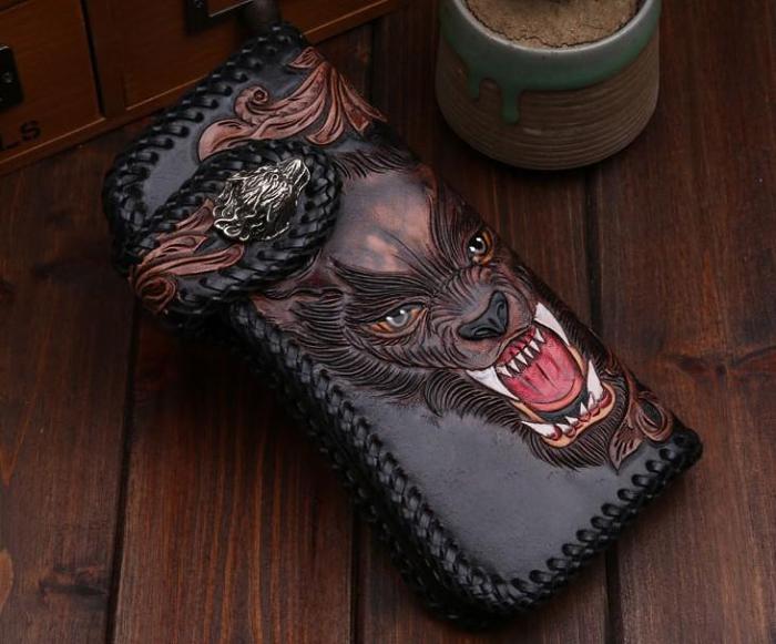 Handmade Leather Wolf Mens Chain Biker Wallet Cool Leather Wallet Long Phone Wallets for Men