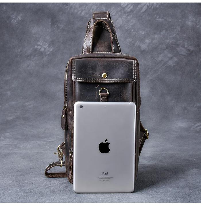 Cool Leather Mens 8 Brown Vintage Sling Bag Chest Bag One Shoulder Backpack for Men