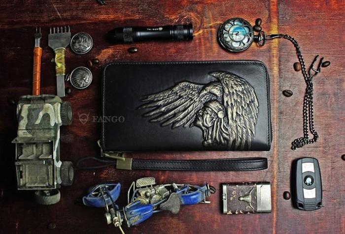 Handmade Leather Mens Tooled Indian Cool Zipper Phone Travel Long Wallet Card Holder Card Slim Clutch Wallets for Men