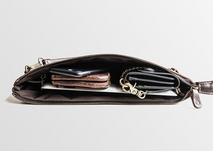 Handmade Leather Mens Cool Long Leather ipad bag Bifold Clutch Wallet for Men