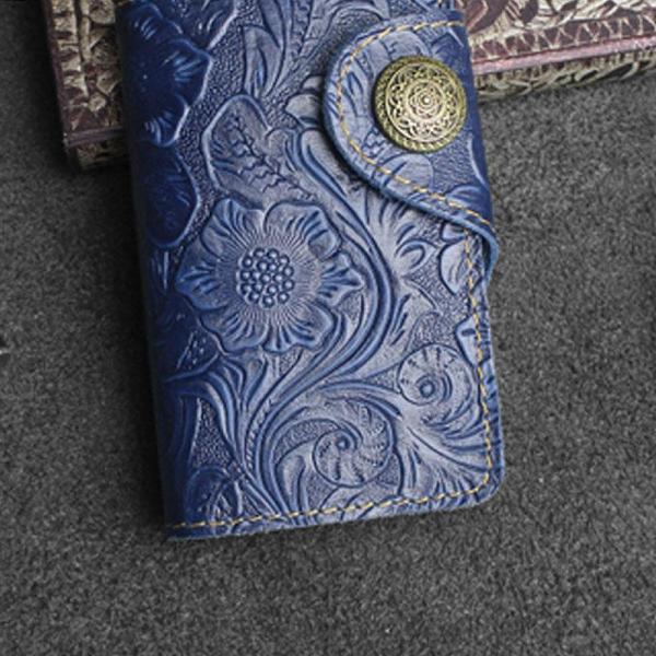 Handmade Leather Floral Mens Cool Key Wallet Wallet Card Holder Small Card Keychain Wallets for Men