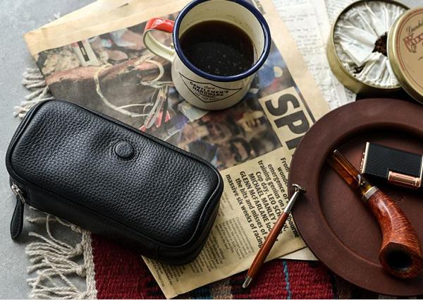Cool Leather Black Mens Leather 2pcs Tobacco Pipe Case Zipper Tobacco Pipe Case for Men