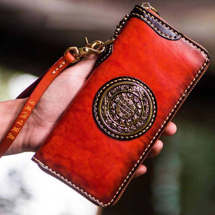 Handmade Leather Tibetan Mens Chain Biker Wallet Cool Leather Wallet Long Clutch Wallets for Men