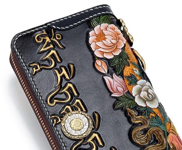 Handmade Leather Green Tara Buddhism Mens Chain Biker Wallet Cool Leather Wallet With Chain Wallets for Men