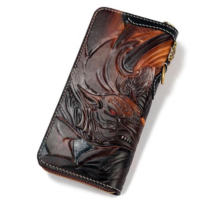 Handmade Leather Taming Dragon Mage Mens Chain Biker Wallet Cool Leather Wallet With Chain Wallets for Men