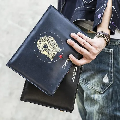 Handmade Leather Mens Clutch Cool Slim Wallet Zipper Clutch Wristlet Wallet for Men