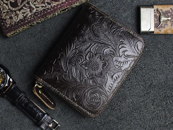 Handmade Leather Floral Mens Zipper Cool billfold Wallet Card Holder Small Card Slim Wallets for Men