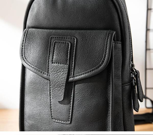 Cool Mens Black Leather 8 inches Chest Bag Sling Black One Shoulder Backpack Sling Backpack for men