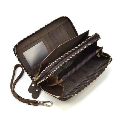 LEATHER MENS Wristlet Wallet Double Zipper Vintage Coffee Clutch FOR MEN