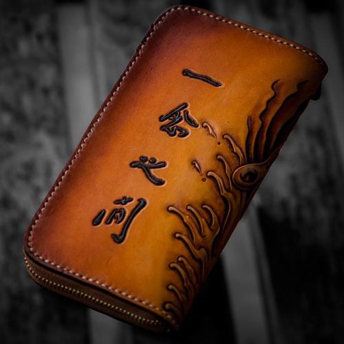 Handmade Leather Mens Clutch Wallet Cool Buddha&Demon Tooled Wallet Long Zipper Wallets for Men