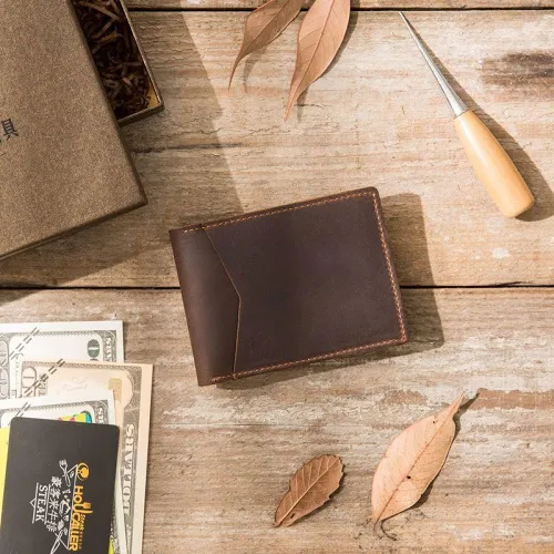 Coffee Cool Leather Mens Slim Small Wallets Bifold Vintage billfold Wallet for Men