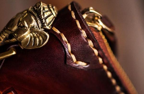 Handmade Leather Tooled Ganesh Mens Chain Biker Wallet Cool Leather Wallet Zipper Long Phone Wallets for Men