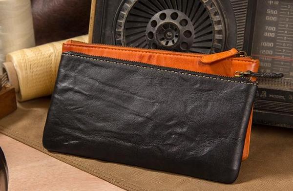 Leather Mens Slim Clutch Wristlet Bag Zipper Clutch for Men
