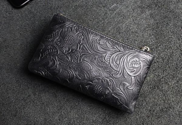 Handmade Leather Floral Mens Cool Key Wallet Wallet Card Holder Small Card Keychain Wallets for Men