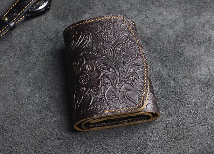 Handmade Leather Floral Mens Trifold Cool billfold Wallet Card Holder Small Card Slim Wallets for Men