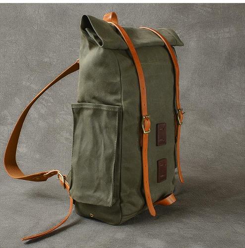 Cool Canvas Leather Mens Womens 16 Army Green Hiking Backpack Travel Backpack College Backpack  for Men