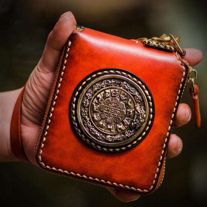 Handmade Leather Small Tibetan Tooled Mens billfold Wallet Cool Chain Wallet Biker Wallet for Men