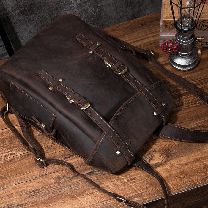 Coffee Cool Mens Leather Hiking Backpack Large Travel Backpack Leather Backpack for Men
