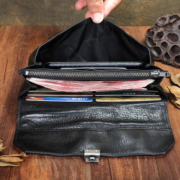 Handmade Black Cool Leather Mens Long Leather Wallet Bifold Clutch Wallet Phone Bag for Men