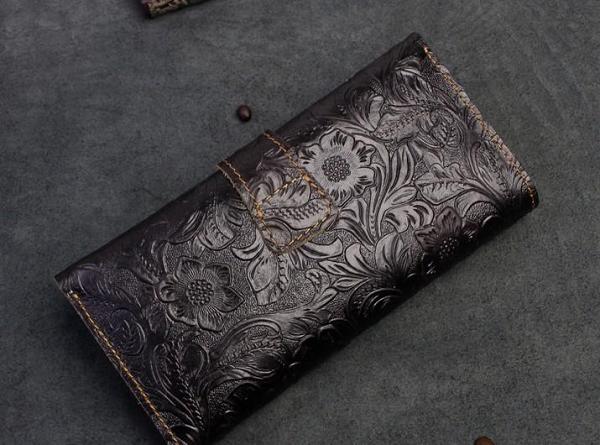 Handmade Leather Floral Mens Cool Travel Long Wallet Card Holder Card Slim Clutch Wallets for Men