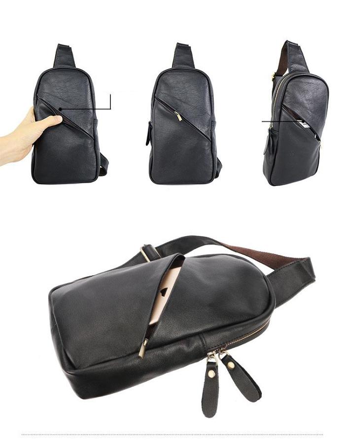 Vintage Dark Brown Leather Mens Chest Bag Black Sling Bag Sling Pack For Men