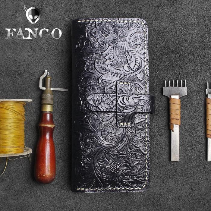 Handmade Leather Floral Mens Cool Travel Long Wallet Card Holder Card Slim Clutch Wallets for Men