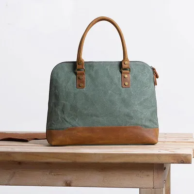 Mens Canvas Leather Briefcase Handbag Work Bag Business Bag for Men