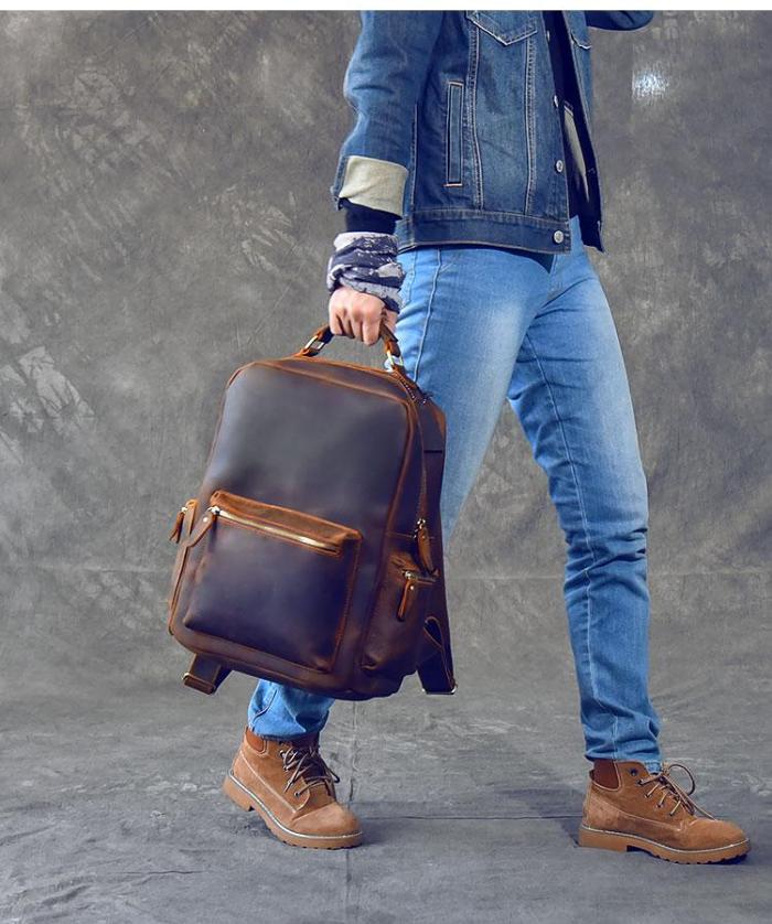 Vintage Brown Leather Mens 15 Laptop Backpack Hiking Backpack Travel Backpack College School Bag for Men