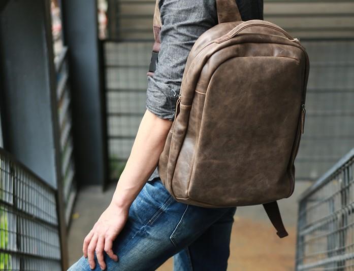 Coffee Leather Mens Backpacks Travel Backpacks Laptop Backpack for men
