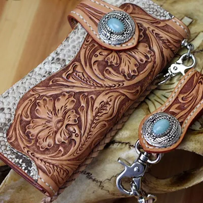 Handmade Mens Cool Tooled Boa Skin Floral Leather Chain Wallet Biker Trucker Wallet with Chain