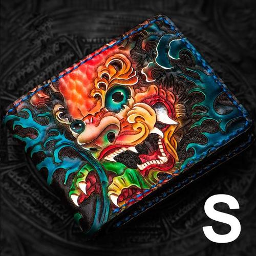 Handmade Leather Tooled Chinese Lion Mens billfold Wallet Cool Slim Wallet Biker Wallet for Men