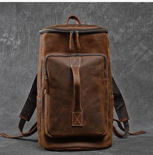 Retro Brown Leather Mens 14 Barrel Laptop Backpack Hiking Backpack Travel Backpack Large Backpack for Men