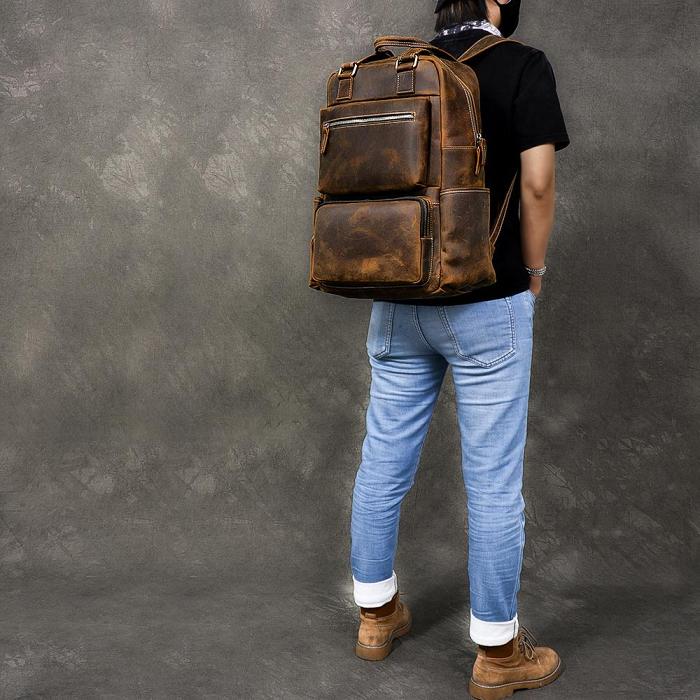 Vintage Brown Leather Mens 16 Laptop Backpack Hiking Backpack Travel Backpack College Bag for Men