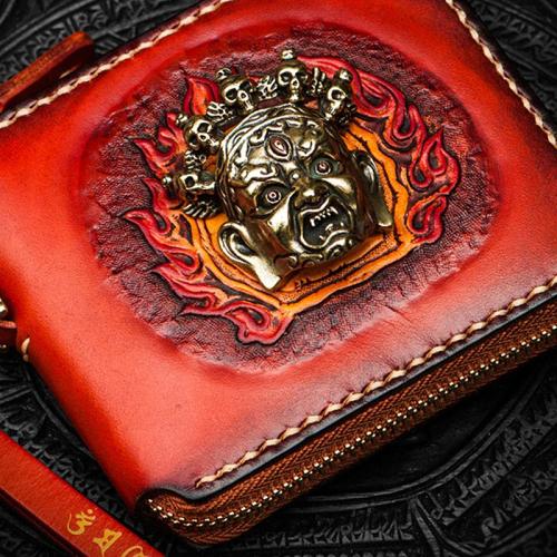 Handmade Mahākāla Leather Brown Biker Wallet Mens Cool Short Chain Wallet Trucker Wallet with Chain