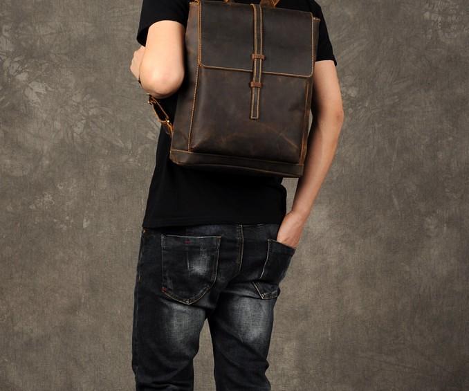 Genuine Leather Mens Cool Backpack Sling Bag Large Brown Travel Bag Hiking Bag for men
