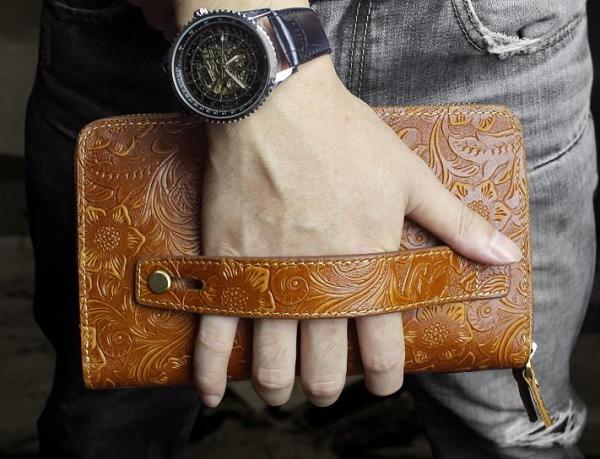 Handmade Leather Floral Tooled Mens Clutch Cool Slim Wallet Zipper Clutch Wristlet Wallet for Men