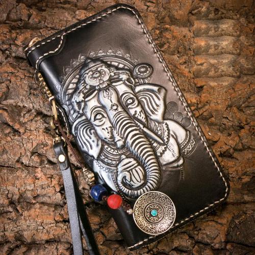 Handmade Leather Mens Chain Biker Wallet Cool Tooled Ganesha Wallet Long Phone Wallets for Men
