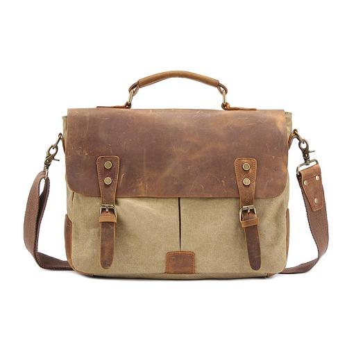 Canvas Leather Mens 14 Simple Khaki Briefcase Side Bag Lake Green Messenger Bag Brown Shoulder Bag for Men