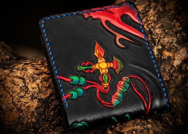 Handmade Leather Tooled Chinese Lion Mens billfold Wallet Cool Slim Wallet Biker Wallet for Men