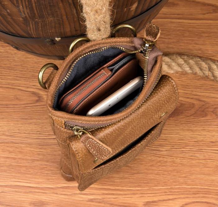 Cool Khaki Leather Mens Casual Waist Bag Belt Pouch Mini Messenger Bags Side Bag for Men