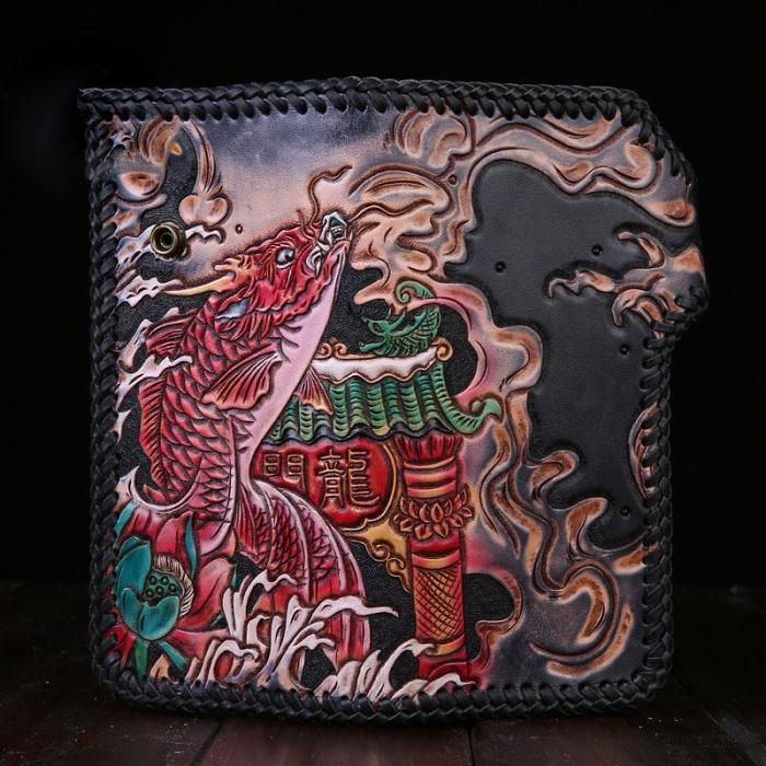 Handmade Leather Carp Mens Chain Biker Wallet Cool Leather Wallet With Chain Wallets for Men