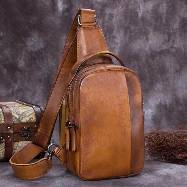 Vintage Leather Mens Sling Bag Crossbody Bag Chest Bag for men