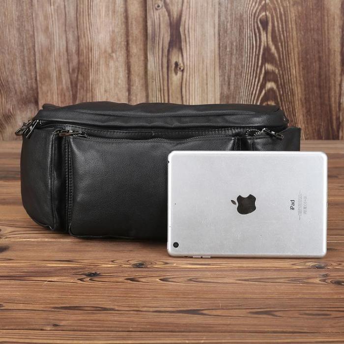 Large Black Leather Fanny Pack Men's Black Chest Bag Hip Bag Large Capacity Waist Bag For Men