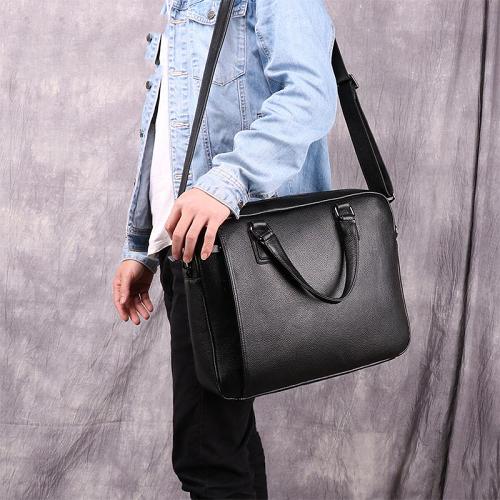 Fashion Black Leather Men's Professional Briefcase Handbag 14'' Computer Briefcase For Men