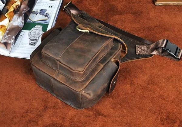 Cool Dark Brown Leather Mens Drop Leg Bag Belt Pouch Small Side Bag Shoulder Bag For Men