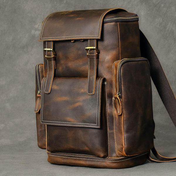 Brown Leather Mens 15 Laptop Backpack Travel Backpack Coffee College Backpack for Men