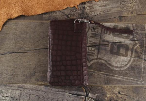 Handmade Genuine Leather Mens Cool Long Leather Wallet Zipper Clutch Wristlet Wallet for Men