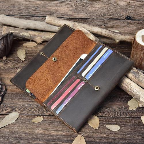 Vintage Leather Mens Long Wallet Bifold Coffee Long Wallet for Men