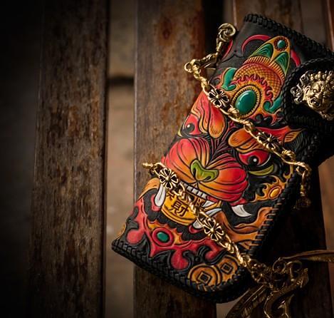Handmade Leather Monster Mens Chain Biker Wallet Cool Leather Wallet Long Phone Wallets for Men