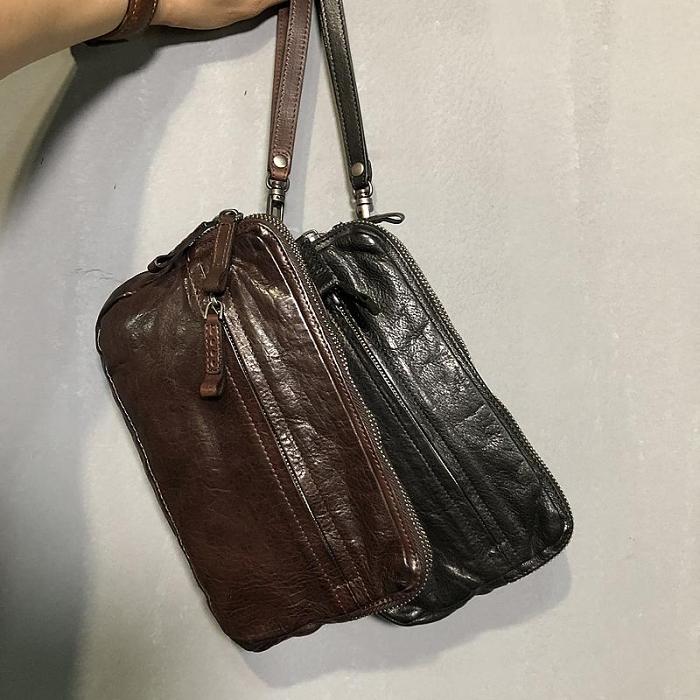 Handmade Genuine Leather Mens Cool Long Leather Wallet Zipper Clutch Wristlet Wallet for Men